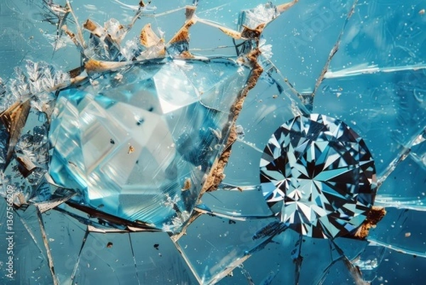 Fototapeta High Definition Image of a Cracked Window with a Blue Background and a Picture of a Diamond
