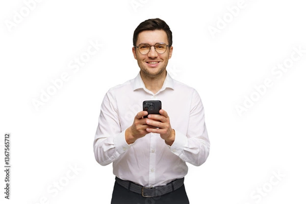 Fototapeta Man in white shirt smiling while using smartphone indoors during the day