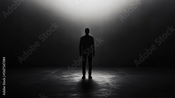 Obraz Colorful silhouette of person standing in monochrome crowd of different people,surreal unique and different concept,loneliness in society,shadow,freedom,Love,be yourself,Stand out from the crowd.