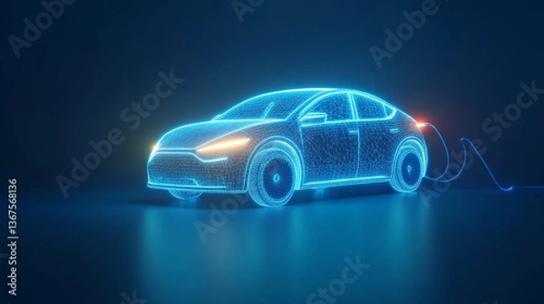 Fototapeta 3d rendering ev car icon or electric vehicle sign with glow on blue background