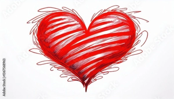 Fototapeta hand drawn red heart with bold diagonal strokes on a white background, artistic sketch symbolizing love, passion, and emotion

