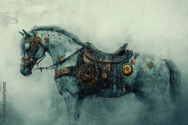 Obraz Mechanical horse adorned in intricate gear and armor set against a mysterious, misty background