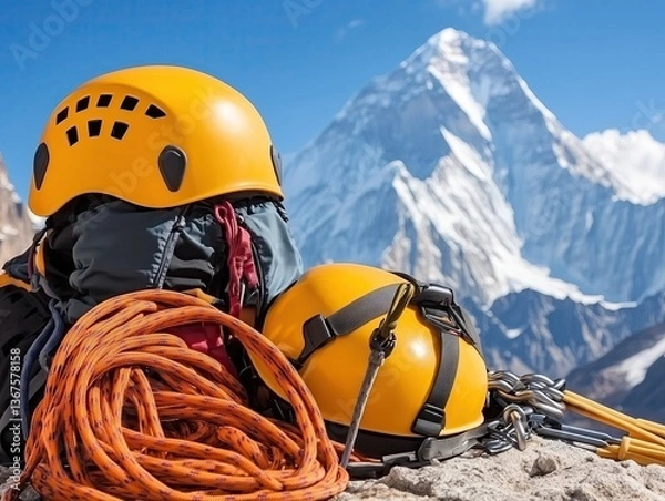 Fototapeta Mountaineering gear including orange helmets, rope, and backpack on rocky ground with a snowy mountain peak in the background.

