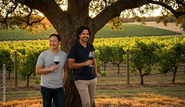 Obraz Asian man and Caucasian man enjoying wine together at vineyard during sunset. Themes of friendship, leisure, diversity.
