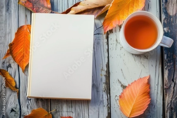 Obraz White Blank Book with Autumn Leaves and Cup of Hot Tea on Old Table Mockup Design