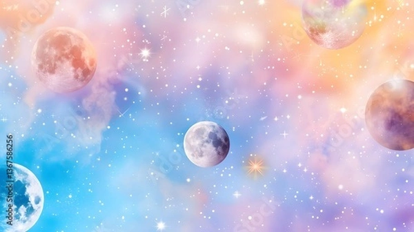 Fototapeta Dreamy pastel watercolor moon phases pattern with softly glowing celestial elements creating a mystical and atmosphere