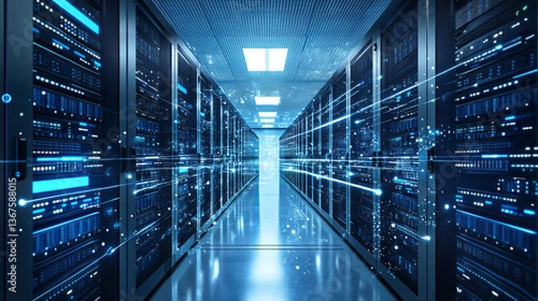 Fototapeta Isometric modern Server Room, Cybersecurity Infrastructure, Big Data storage and Cloud Computing technology concept.