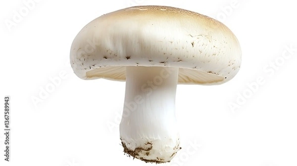 Fototapeta Single White Button Mushroom with Slight Brown Tint, Isolated on White Background, Macro Shot