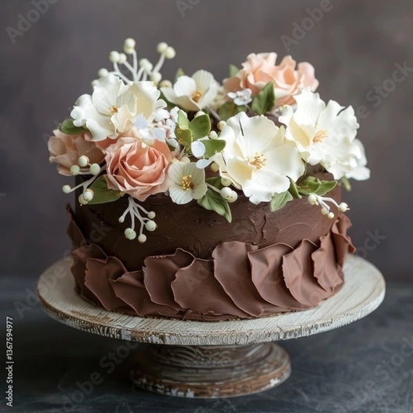 Obraz Delicious chocolate cake adorned with gentle green and pink floral decorations on a rustic wooden stand