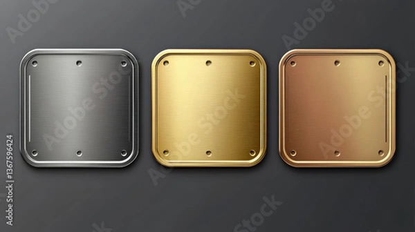 Fototapeta Set of empty name plates, template silver, golden and bronze plaques. Mockup badges for identification, template frame for nameplate isolated. Realistic 3d vector illustration