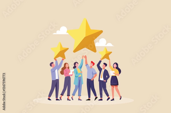 Fototapeta Building customer loyalty. Excellent service. Customers giving 5-star reviews, representing high satisfaction, trust, and repeat business.