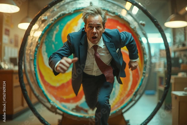 Fototapeta Running away from a vicious circle. A man in a business suit runs out a hamster wheel.