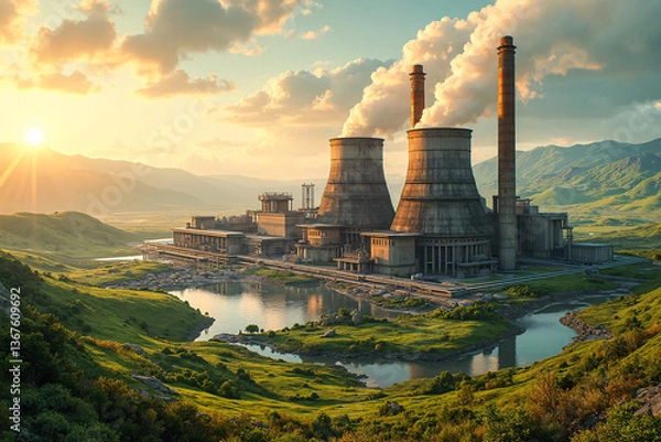 Obraz Renewable geothermal energy pant. Factory on a renewable source of geothermal energy.