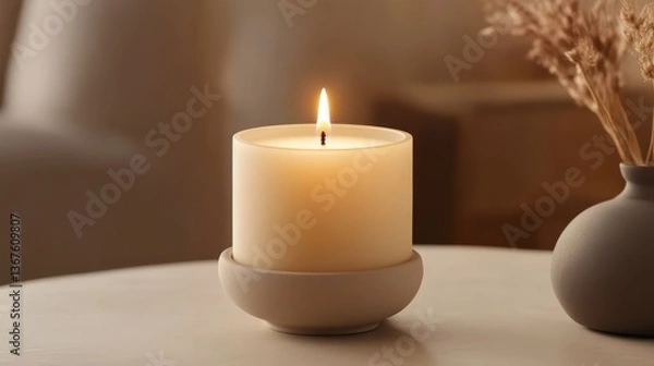Fototapeta Illuminating Ambiance: A warm, softly glowing candle sets the mood in a cozy, inviting scene, with elegant vase adding a touch of natural decor.