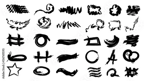 Obraz Chalk scribble drawings of arrows and underlines. Charcoal symbols for highlights. Vector doodle drawing. Freehand curved arrows, swirls, crosses, circles, set of hand drawn vector icons.
