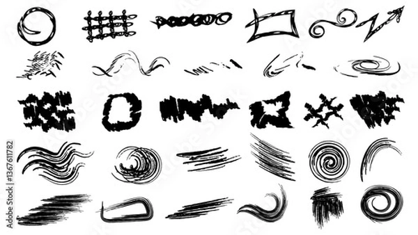 Obraz Chalk, scribble, drawings ,arrows , underlines, Hand drawn ,charcoal ,symbols , highlights, Vector doodle drawing. Freehand curved arrows, swirls, crosses, circles, and squiggle.Isolated design elemen