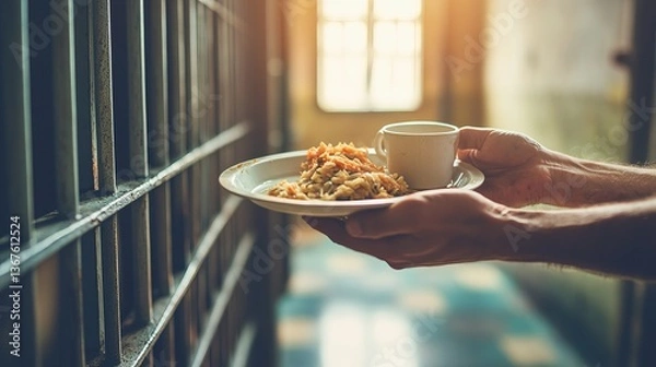 Fototapeta Serving a Meal on a Plate Inside an Imprisonment Hallway with Bars and Natural Light