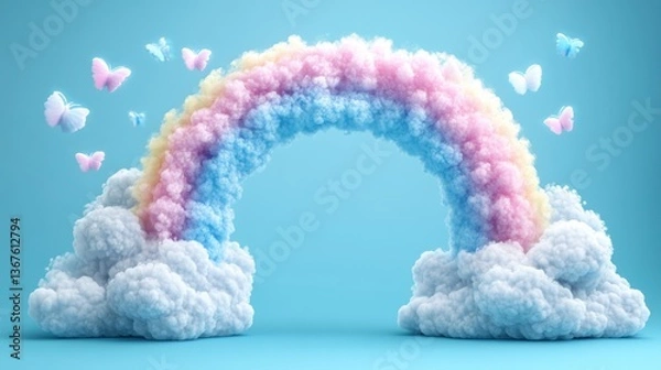 Fototapeta Pastel rainbow arch in clouds with butterflies.