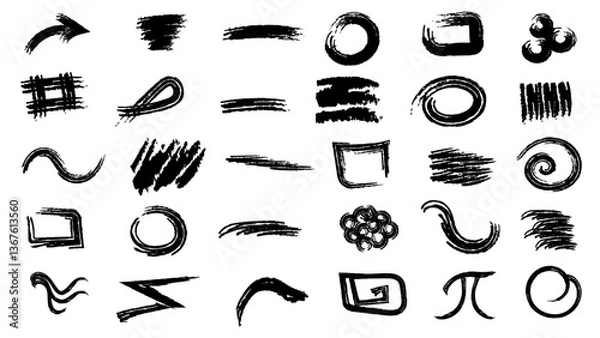 Obraz Marker underline. Grunge brush strokes, lines, ink smudges, hand-drawn scribble shapes. Handmade sketchy marks, acrylic stains, charcoal streaks. Paint textures, dry brush effect.