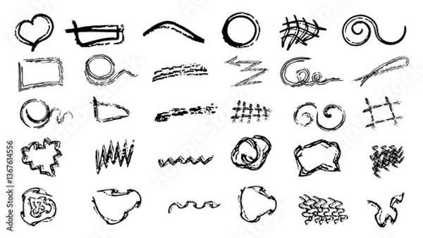 Obraz Marker underline. Grunge brush strokes, doodles,lines, ink smudges, hand-drawn scribble shapes. Handmade sketchy marks, acrylic stains, charcoal streaks. Paint textures, dry brush effect.