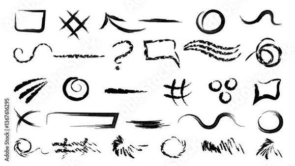Obraz Creative abstract vector messy doodles background. Quirky scribbles set of hand drawn arrows,symbols,signs, question,speech bubble.doodle scribbles. Kid's drawings, hand drawn childish funky shapes.
