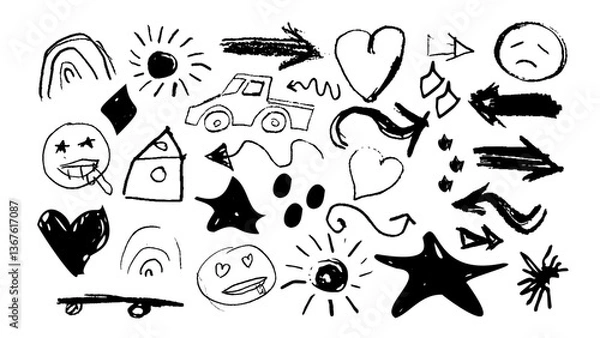 Fototapeta Punk Quirky scribbles doodle scribbles Kid's drawings, hand drawn childish funky shapes, crayon drawn squiggles and scrawls,car,house,emotion. Creative abstract vector messy doodles background.