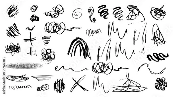 Obraz Set  of hand drawn sketch doodle elements  dirty texture.Texture abstract chalk, crayon pencil style. Vector illustration.Arrow line hand drawn brush sketch element set. Grunge square, heart, arrow .