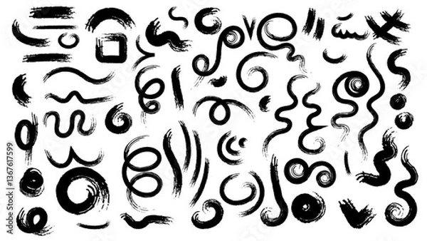 Obraz Marker underline. Grunge brush strokes, lines, ink smudges, hand-drawn scribble shapes. Handmade sketchy marks, acrylic stains, charcoal streaks. Paint textures, dry brush effect.Doodles, curls.