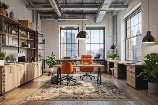 Fototapeta Multifunctional Loft Office Design Showcasing Diverse Functionality and Modern Developments