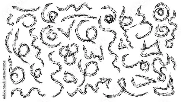 Obraz Grunge brush strokes, lines, ink smudges, hand-drawn scribble shapes. arrow sketches collection - hand drawn doodle style pointers, curved lines, round swirls.Black grunge brush strokes isolated.
