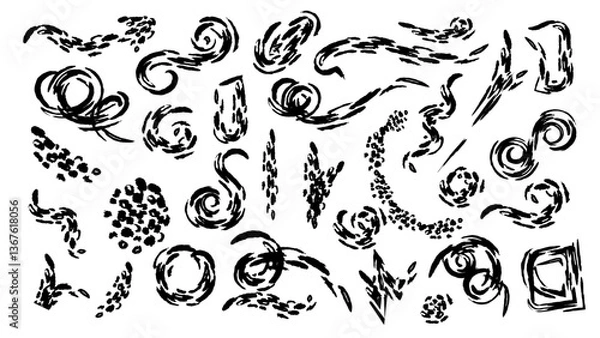 Obraz Black ink brush strok.Marker underline. Grunge brush strokes, ines, ink smudges, hand-drawn scribble shapes. Handmade sketchy marks, acrylic stains, charcoal streaks. Paint textures, dry brush effect.