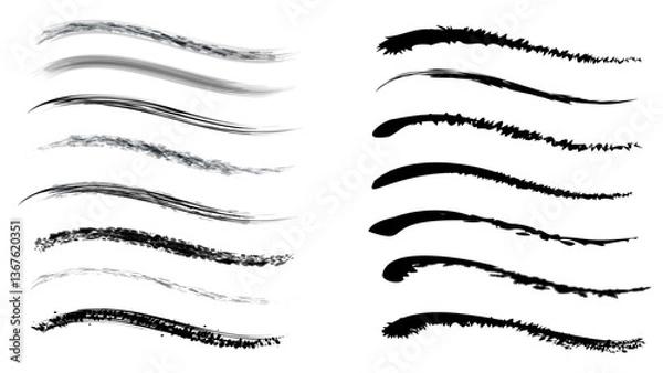 Obraz A set of brush strokes, the texture of chalk Hand drawn line chalk brush stroke arrow line set. Vector illustration Chalk crayon underline, check mark, scribble and texture in rough hand sketch style.