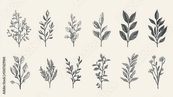 Fototapeta Collection of detailed botanical sketches of leafy branches and small flowers.
