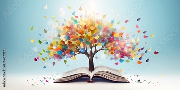 Fototapeta A tree made of books, white background, colorful book pages as leaves, 3D rendering, cute and dreamy style, bright colors, high resolution, high quality bokeh background
