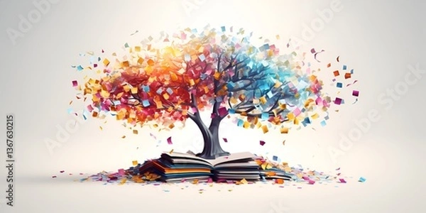 Fototapeta A tree made of books, white background, colorful book pages as leaves, 3D rendering, cute and dreamy style, bright colors, high resolution, high quality bokeh background