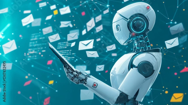 Fototapeta Isometric robots man with artificial intelligence working with a virtual interface in chat bot emails. Message online chat social text Illustration.