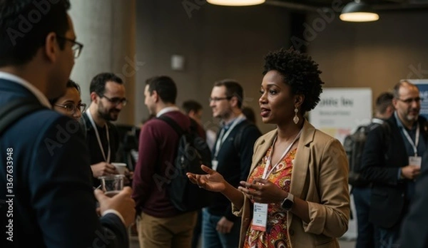 Fototapeta African American woman engaging in conversation at a networking event in a modern urban office. Collaboration and diversity.