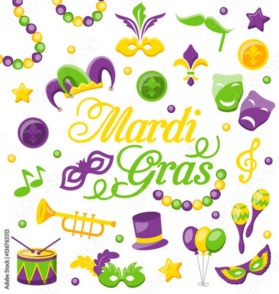 Fototapeta Celebration Background with Set Mardi Gras and Carnival Icons and Objects