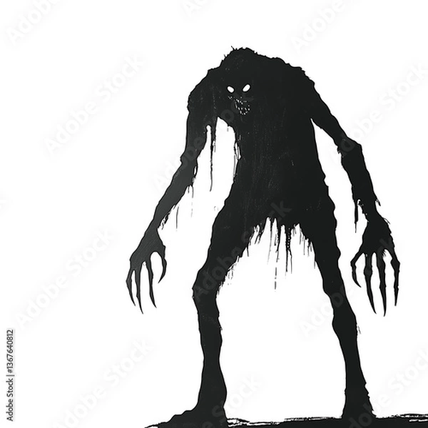 Obraz eerie shadowy creature with long claws and glowing eyes on transparent background