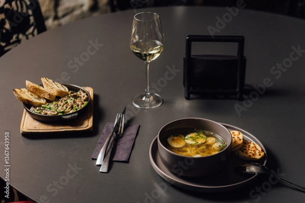Fototapeta Chicken soup with egg noodles, spinach, broccoli and parmesan croutons. Minimalistic dining scene with a glass of wine, copy space