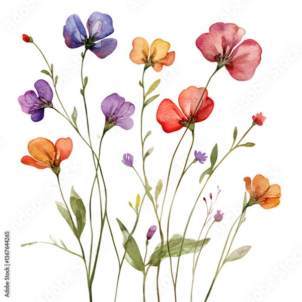 Obraz Watercolor Wildflower Sprigs Isolated on Transparent Background PNG