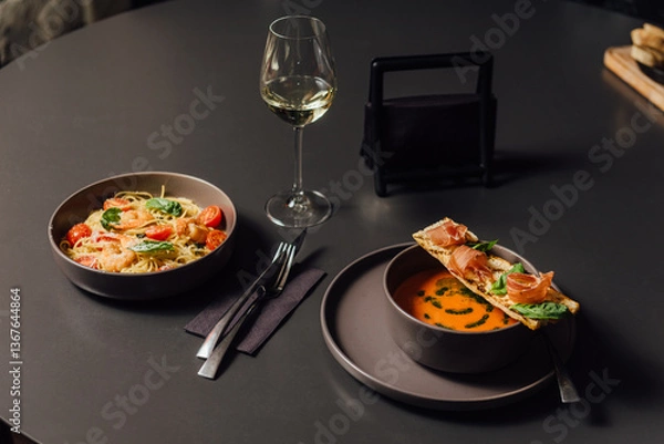 Fototapeta Salmorejo soup - Spanish tomato puree soup. Composition with shallow depth of field and glass of wine. Minimalistic dining scene with plate of pasta