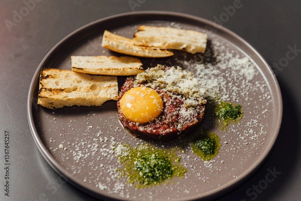 Fototapeta Ostrich tartare with a rich Italian touch. Finely chopped ostrich meat served with egg yolk, capers, artichokes, cornichons, and Mars onion. Paired perfectly with signature toasted bread