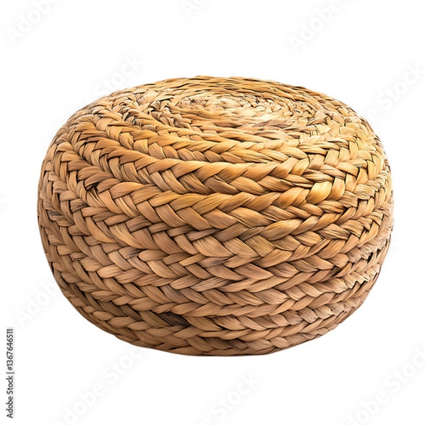 Obraz Braided natural water hyacinth pouf, round shape, eco-friendly material, isolated on clean white background, coastal style product photography.