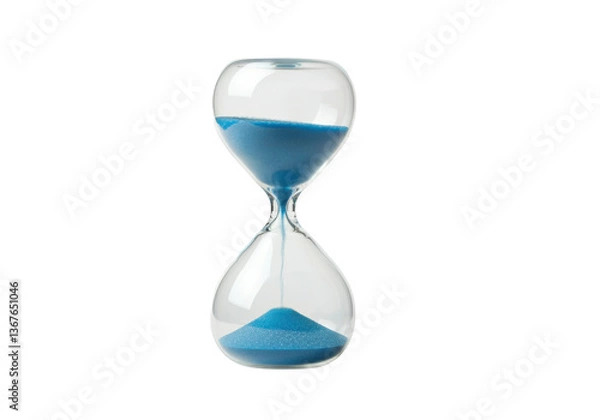 Fototapeta A floating miniature hourglass filled with blue sand, isolated on a solid white background.