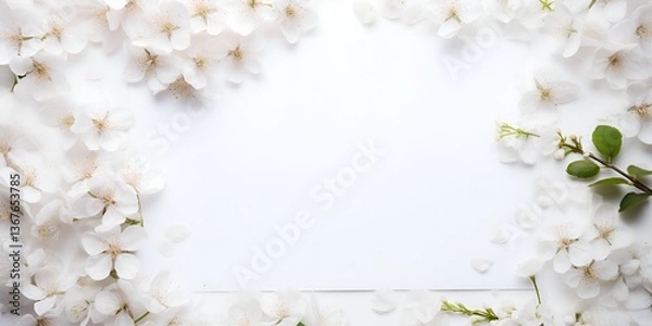 Fototapeta A white, blank page surrounded by white flowers against a white background, a flat lay photography composition with an aesthetic vibe. bokeh background