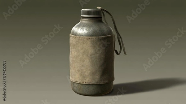 Fototapeta A weathered metal canteen with fabric sleeve and strap on a neutral background.