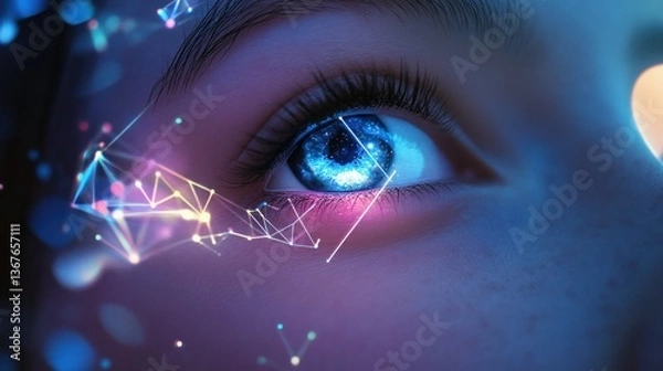 Fototapeta Close-up of an eye surrounded by digital network; tech and futuristic feel.