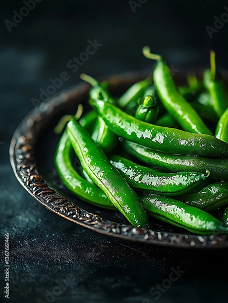 Fototapeta Close-up of fresh glossy green sugar snap peas arranged on a textured dark metallic plate against a dark backdrop.