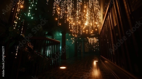 Fototapeta Enchanting hallway adorned with shimmering lights, featuring lush greenery and inviting ambiance